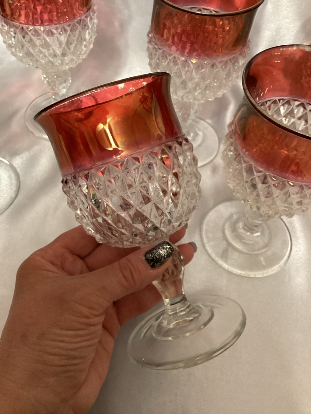 Set of 8 Vintage Diamond Point Ruby Red Flash Goblets ~ over 60 yrs old!